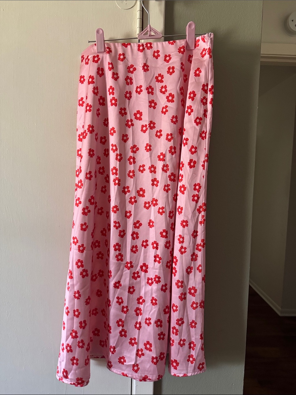 Satin Pink Maxi Skirt with Red Flower Print